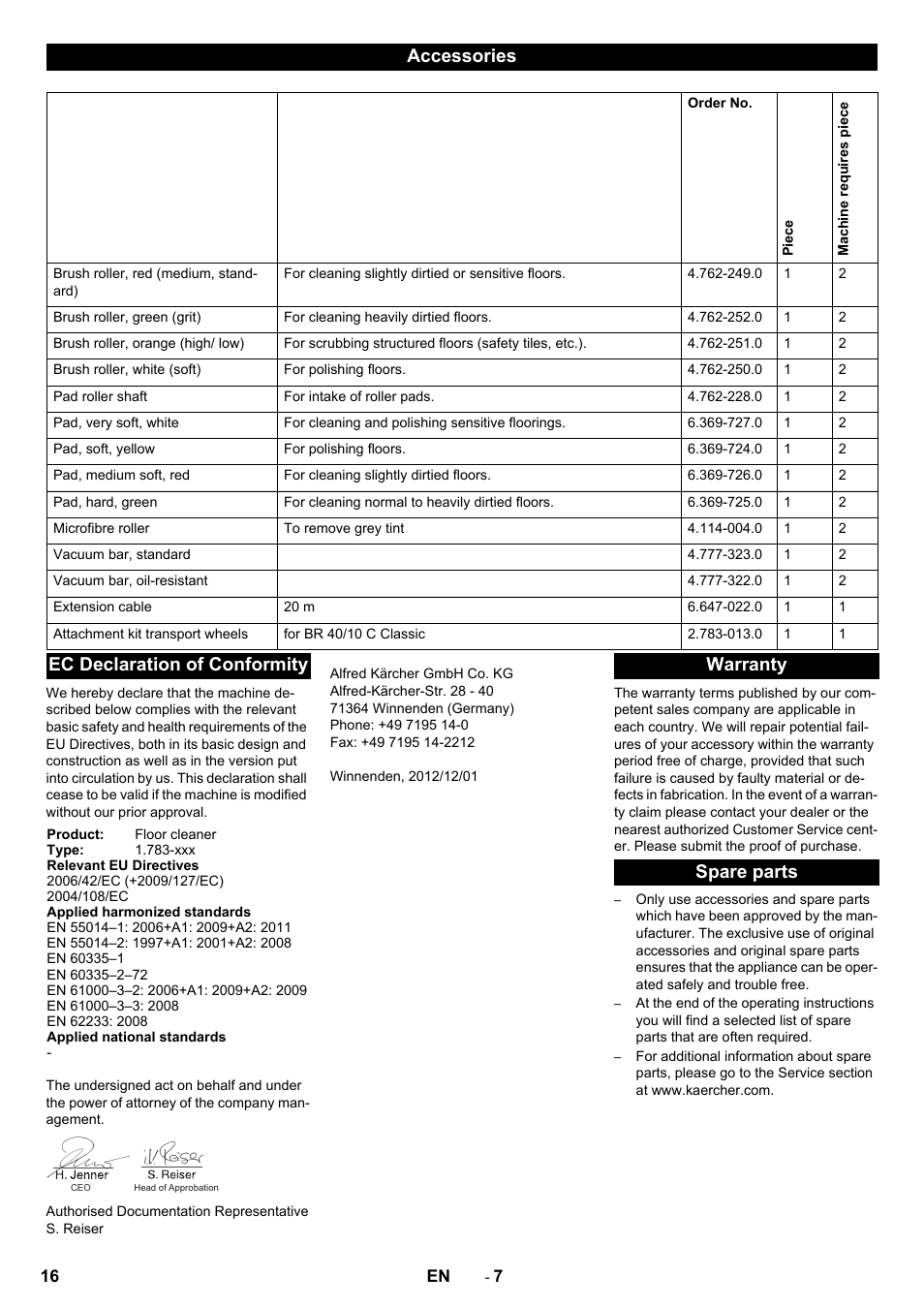 Accessories, Ec declaration of conformity, Warranty spare parts | Karcher BR 40-10C ADV User Manual | Page 16 / 196