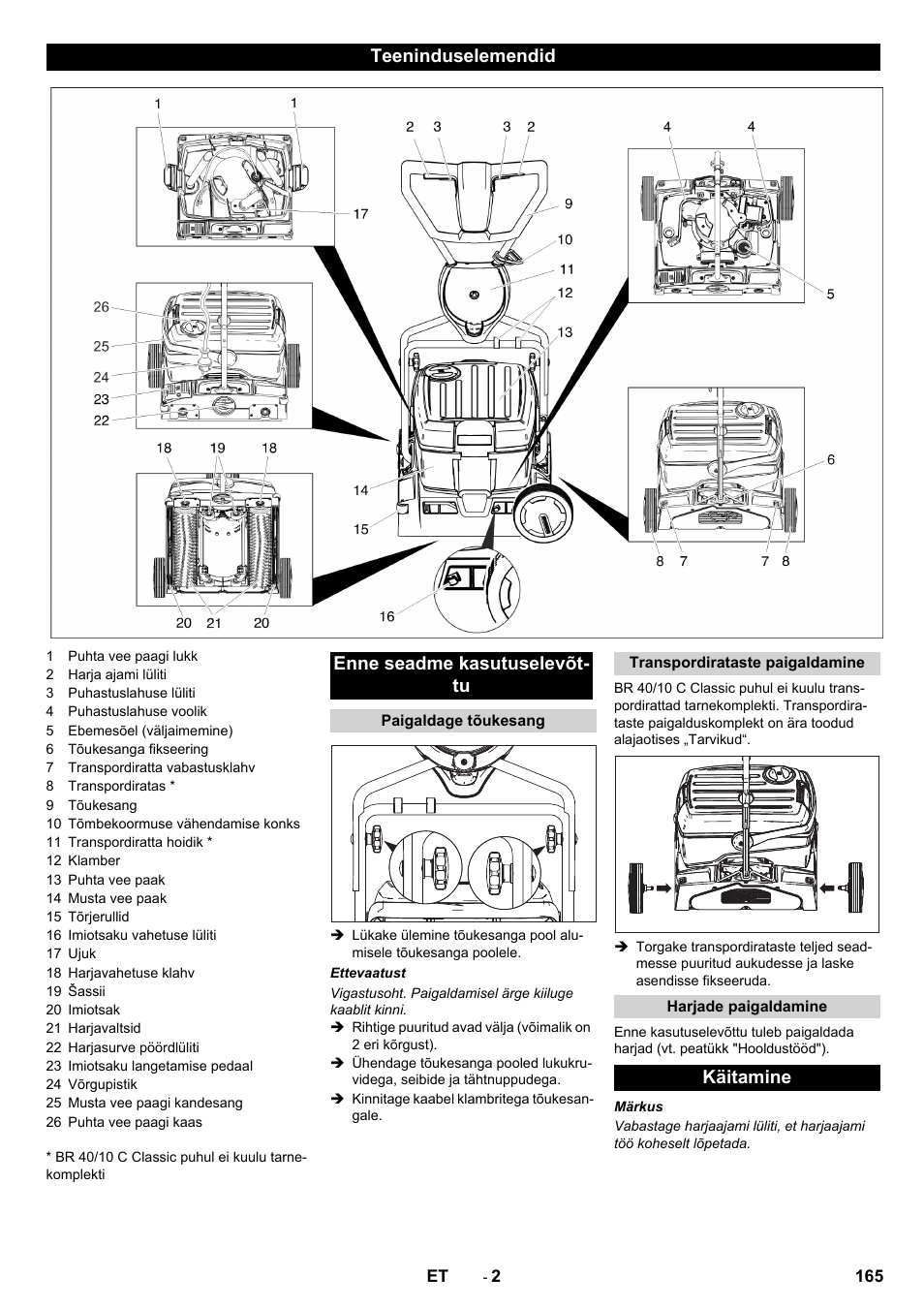 Teeninduselemendid enne seadme kasutuselevõt- tu, Käitamine | Karcher BR 40-10C ADV User Manual | Page 165 / 196