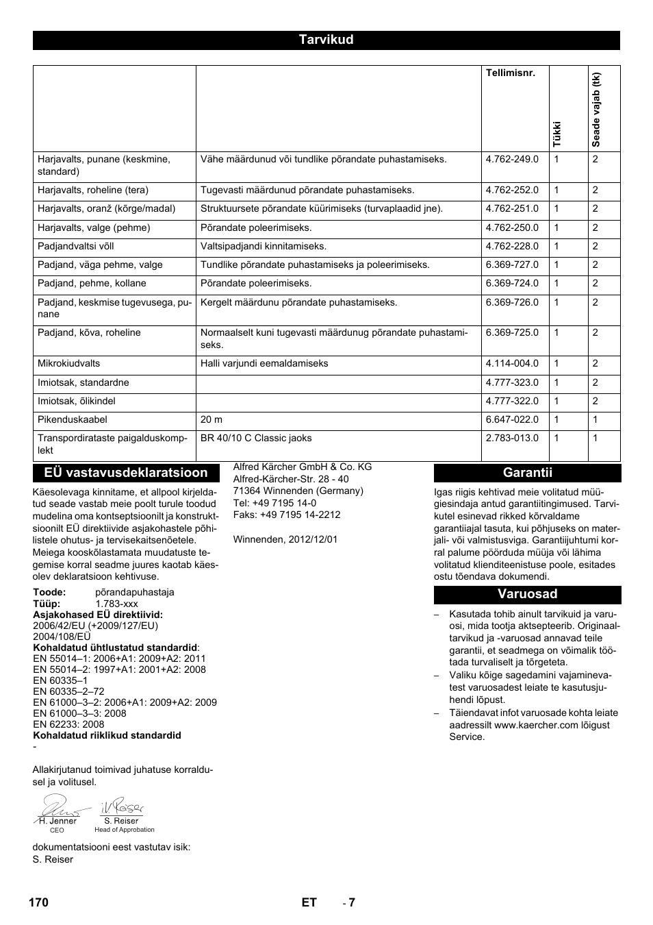 Tarvikud, Eü vastavusdeklaratsioon, Garantii varuosad | Karcher BR 40-10C ADV User Manual | Page 170 / 196
