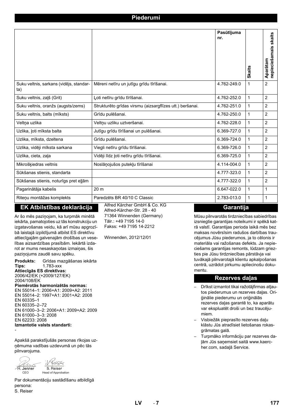 Piederumi, Ek atbilstības deklarācija, Garantija rezerves daļas | Karcher BR 40-10C ADV User Manual | Page 177 / 196