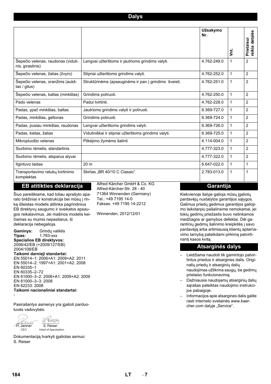 Dalys, Eb atitikties deklaracija, Garantija atsarginės dalys | Karcher BR 40-10C ADV User Manual | Page 184 / 196