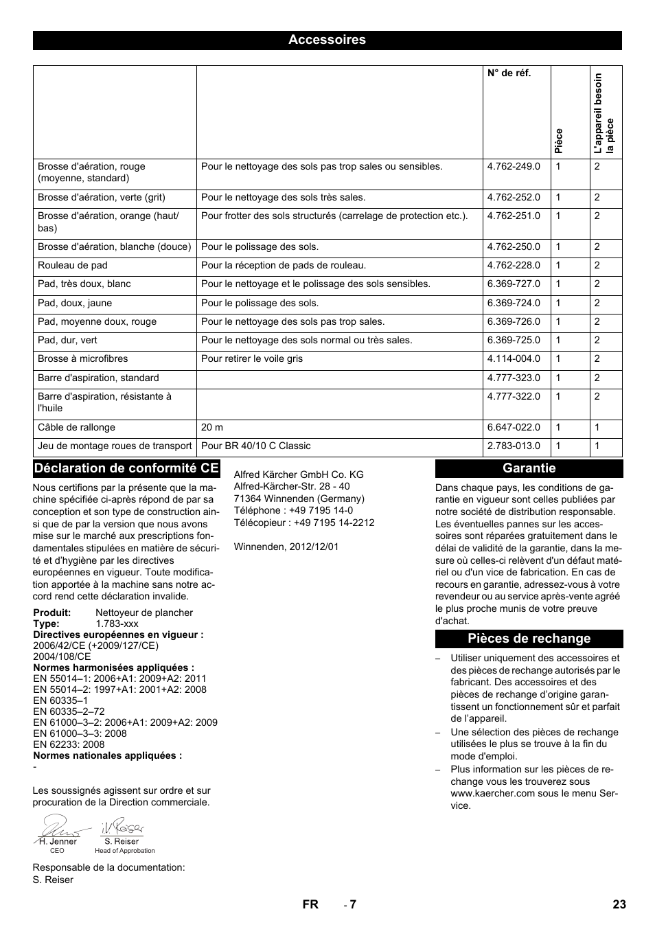 Accessoires, Déclaration de conformité ce, Garantie pièces de rechange | Karcher BR 40-10C ADV User Manual | Page 23 / 196