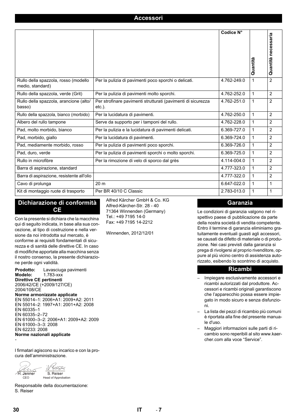 Accessori, Dichiarazione di conformità ce, Garanzia ricambi | Karcher BR 40-10C ADV User Manual | Page 30 / 196