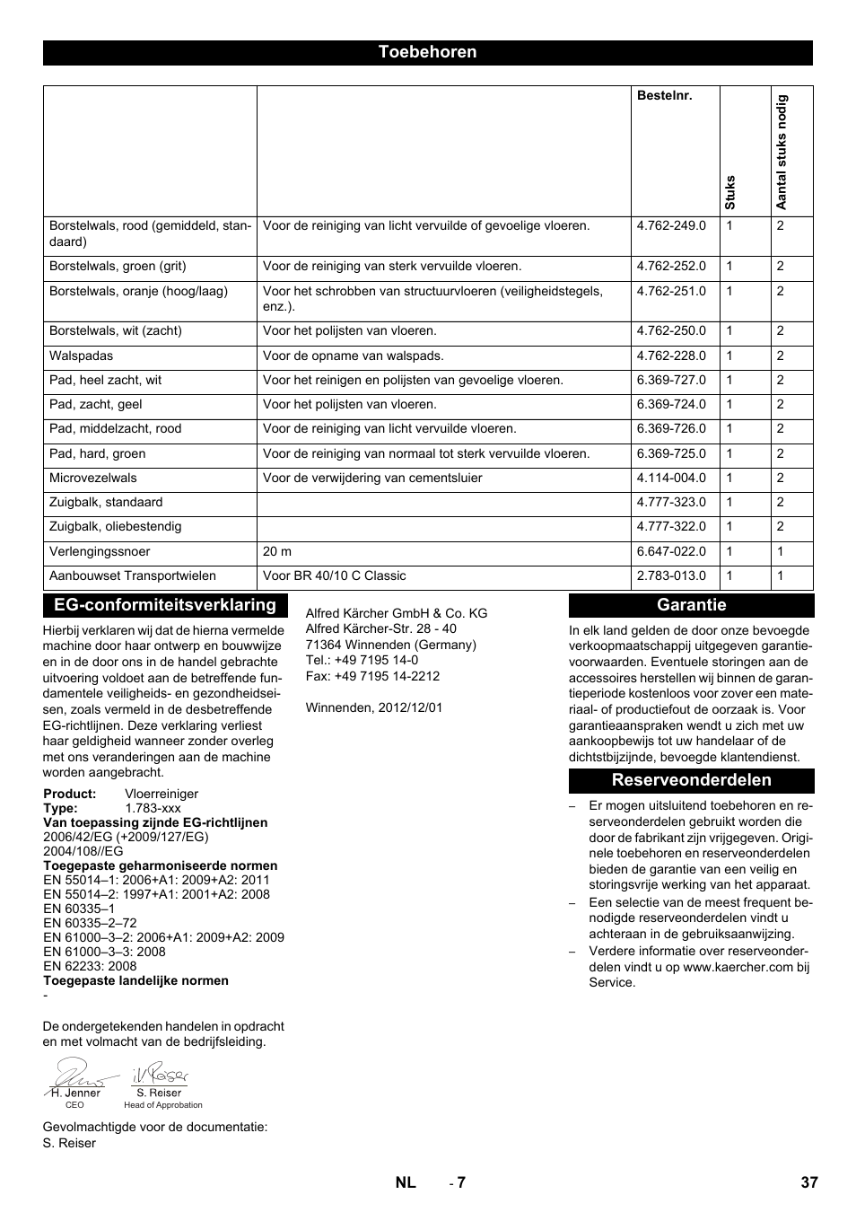 Toebehoren, Eg-conformiteitsverklaring, Garantie reserveonderdelen | Karcher BR 40-10C ADV User Manual | Page 37 / 196