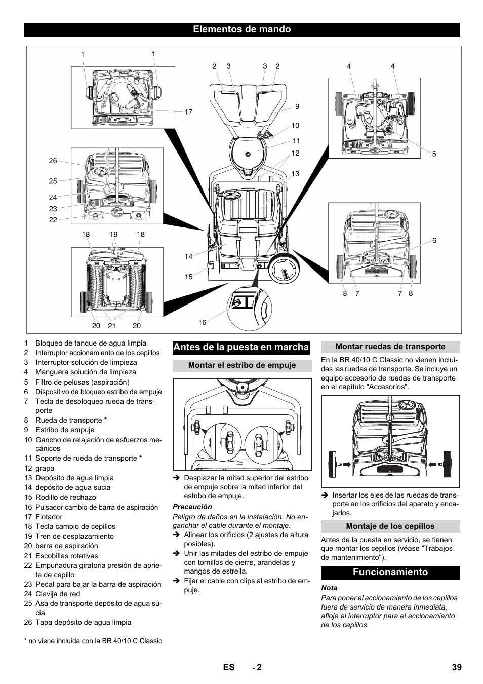 Elementos de mando antes de la puesta en marcha, Funcionamiento | Karcher BR 40-10C ADV User Manual | Page 39 / 196