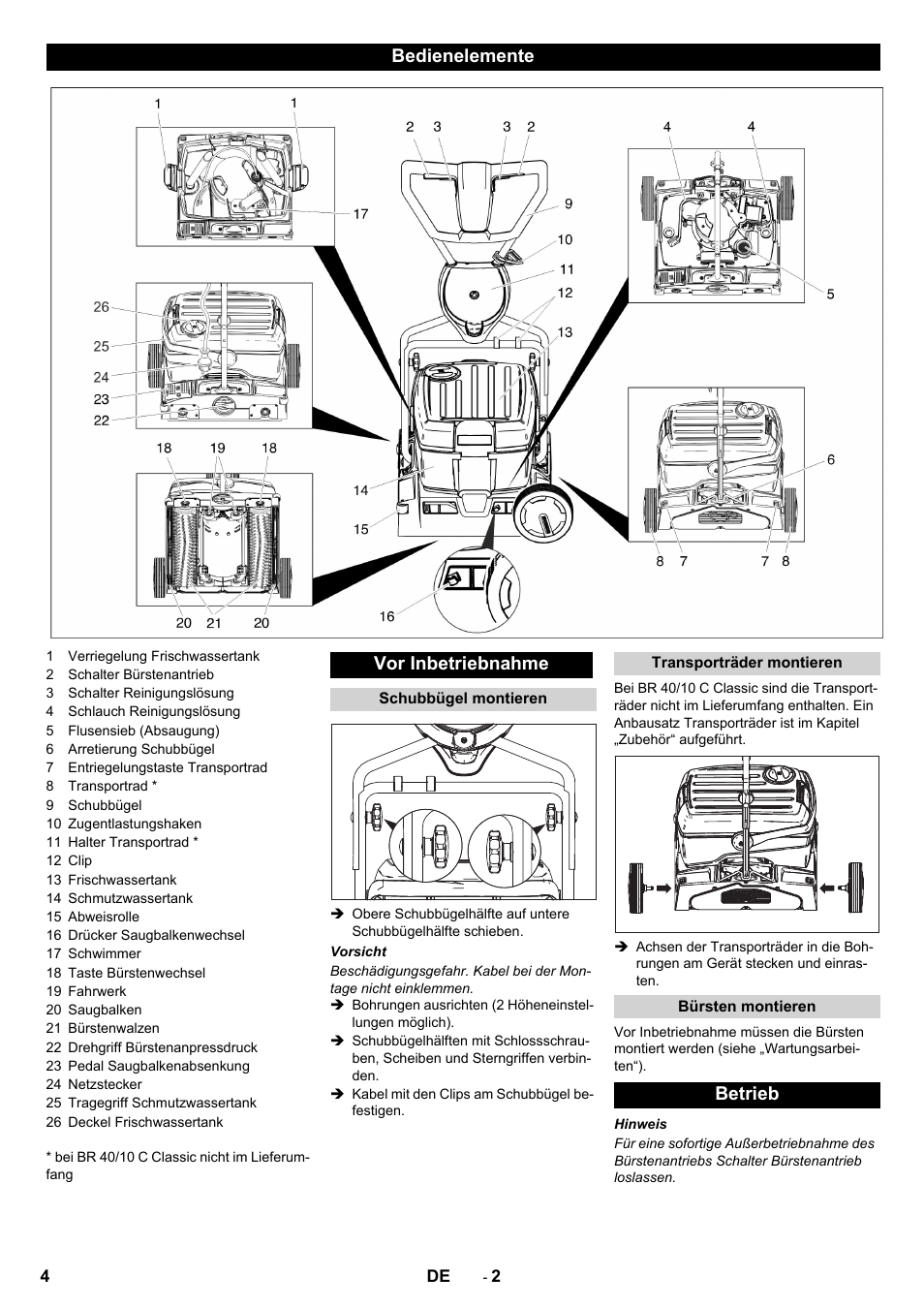 Bedienelemente vor inbetriebnahme, Betrieb | Karcher BR 40-10C ADV User Manual | Page 4 / 196