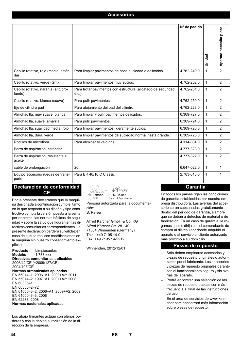 Accesorios, Declaración de conformidad ce, Garantía piezas de repuesto | Karcher BR 40-10C ADV User Manual | Page 44 / 196