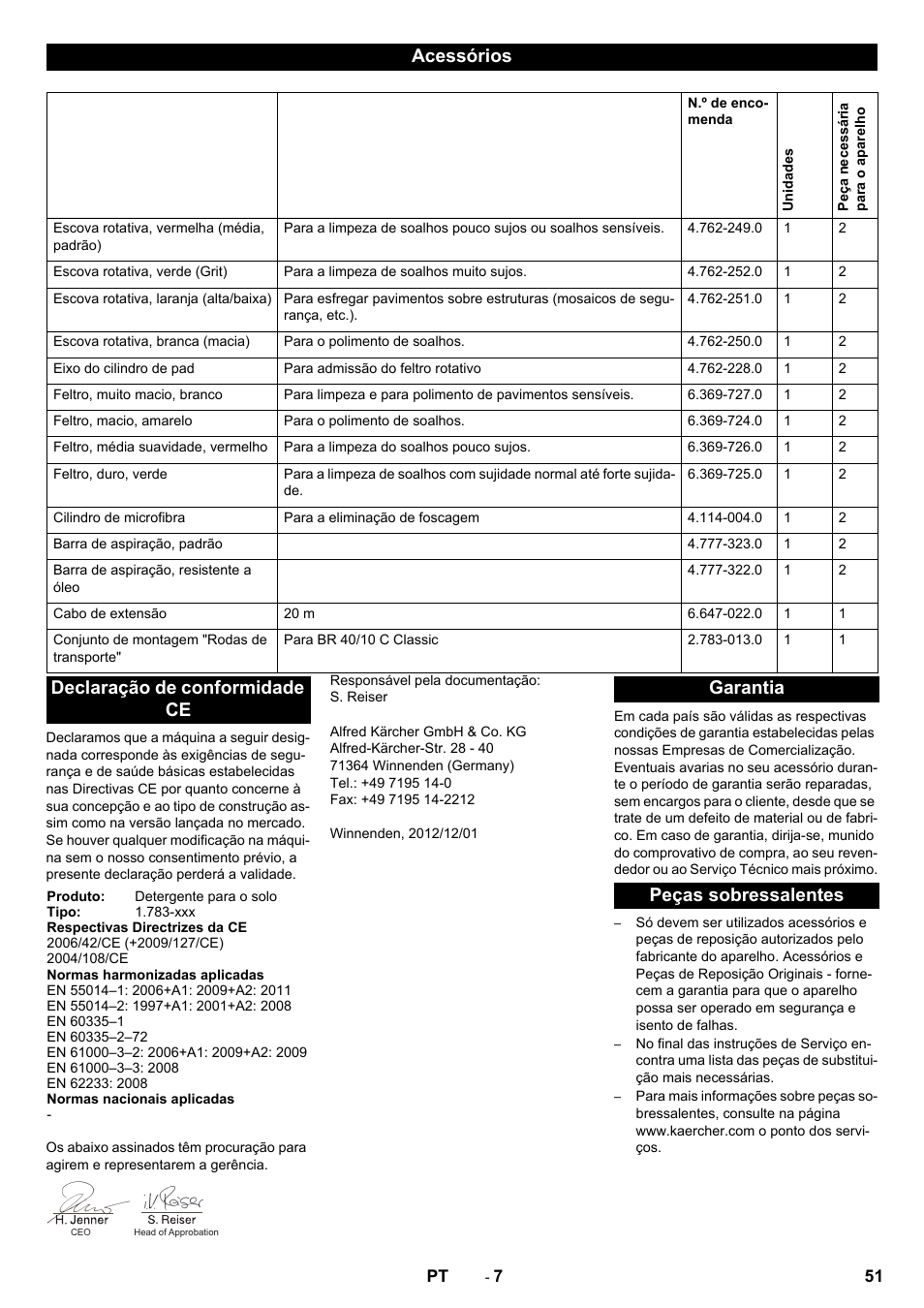 Acessórios, Declaração de conformidade ce, Garantia peças sobressalentes | Karcher BR 40-10C ADV User Manual | Page 51 / 196