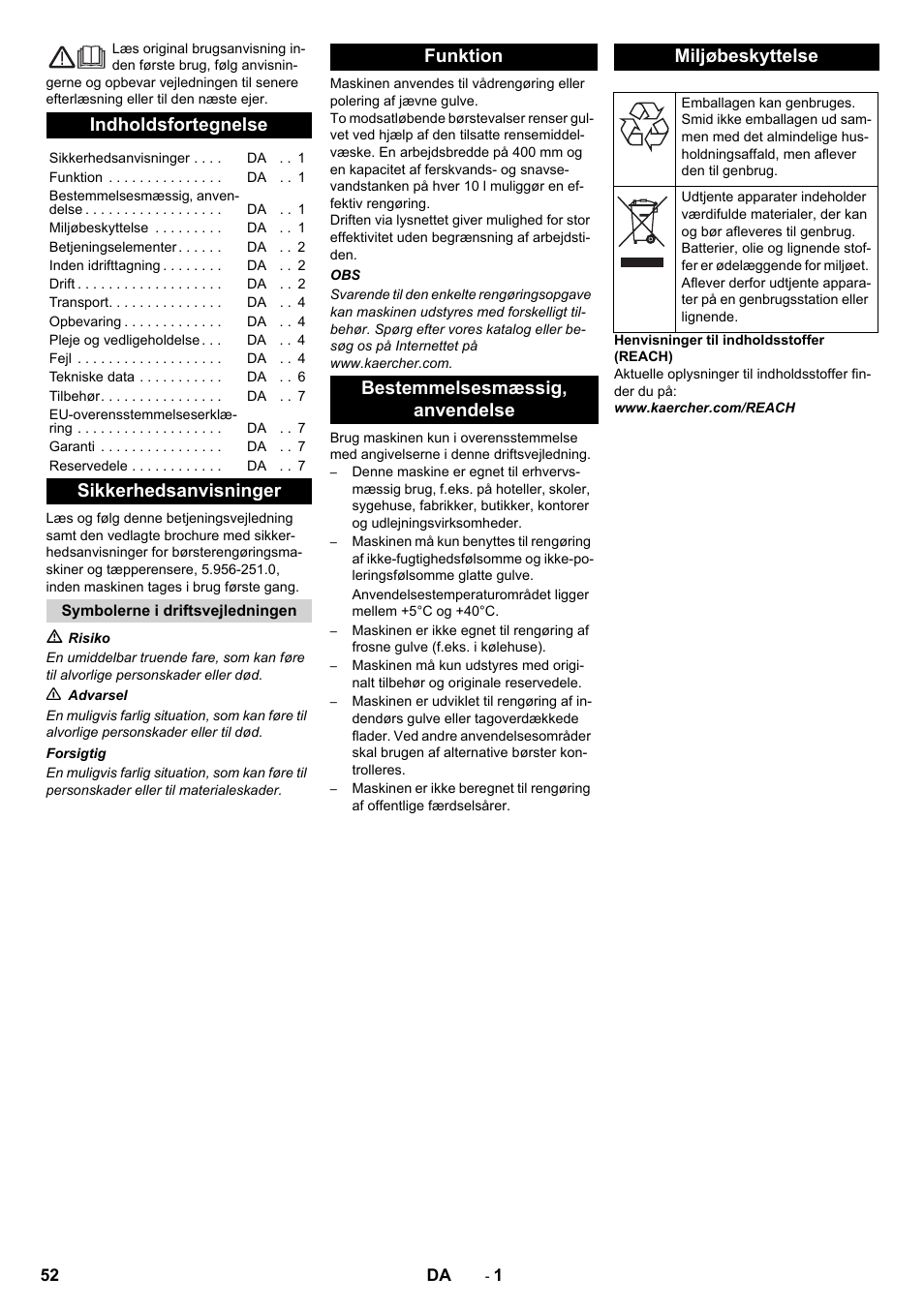 Dansk, Indholdsfortegnelse, Sikkerhedsanvisninger | Karcher BR 40-10C ADV User Manual | Page 52 / 196