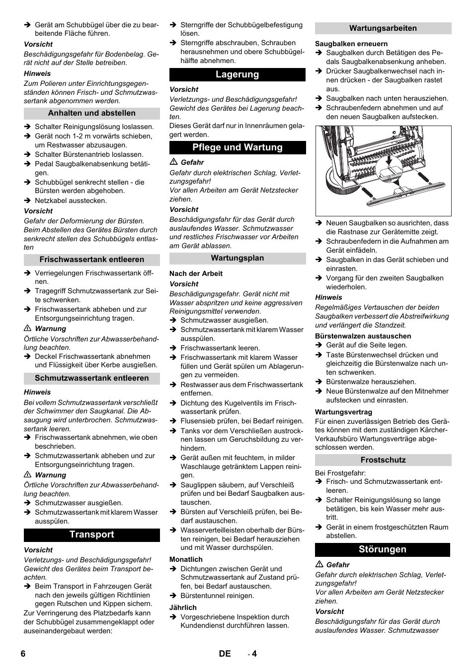 Transport lagerung pflege und wartung, Störungen | Karcher BR 40-10C ADV User Manual | Page 6 / 196