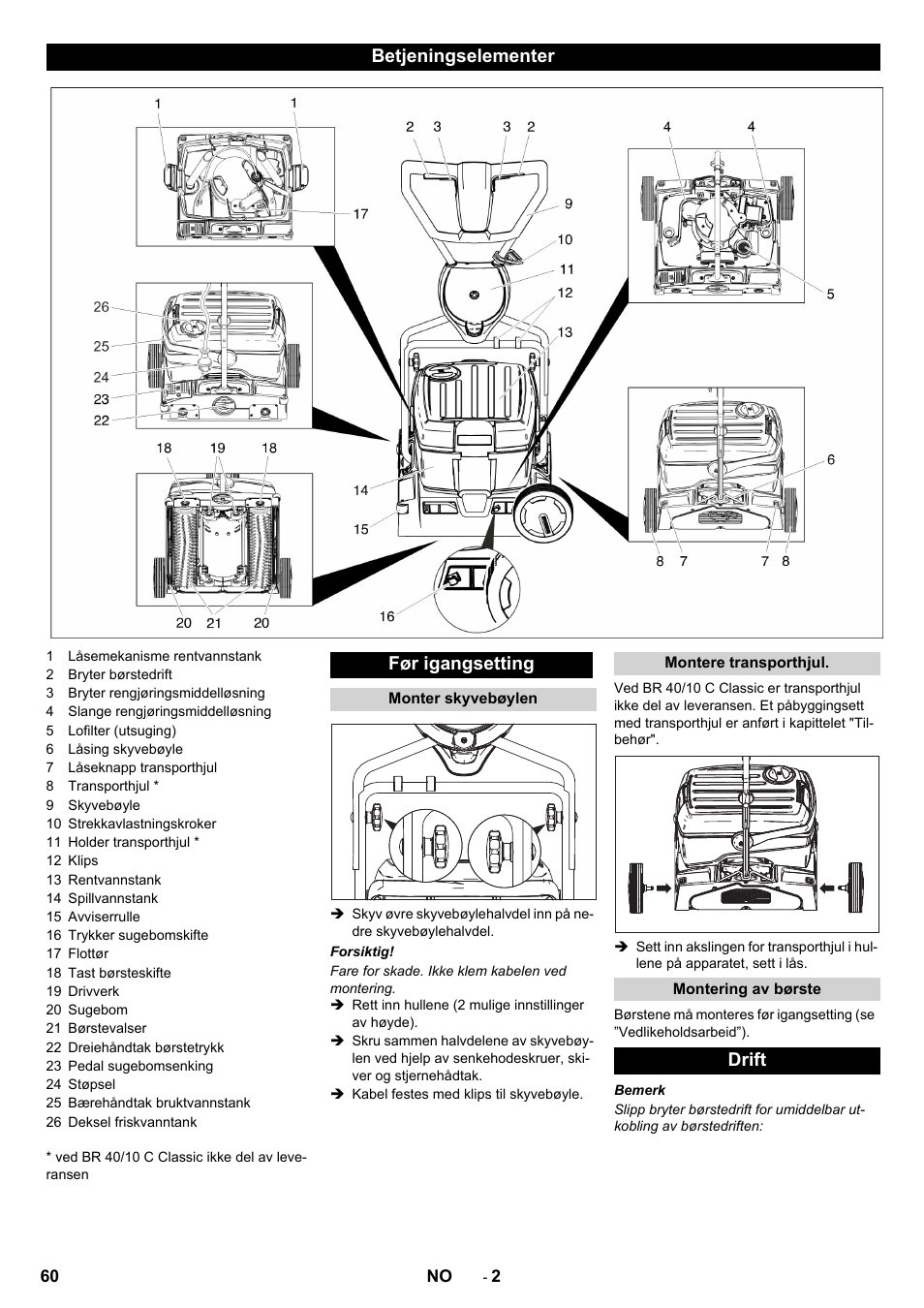 Betjeningselementer før igangsetting, Drift | Karcher BR 40-10C ADV User Manual | Page 60 / 196