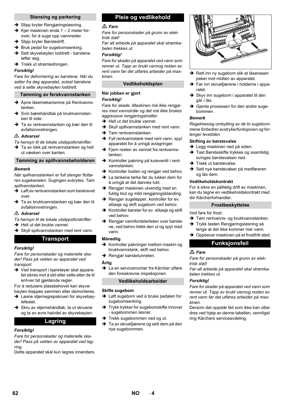 Transport lagring pleie og vedlikehold, Funksjonsfeil | Karcher BR 40-10C ADV User Manual | Page 62 / 196