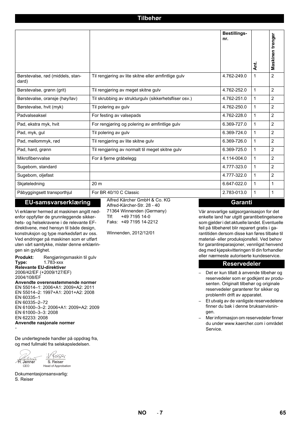 Tilbehør, Eu-samsvarserklæring, Garanti reservedeler | Karcher BR 40-10C ADV User Manual | Page 65 / 196