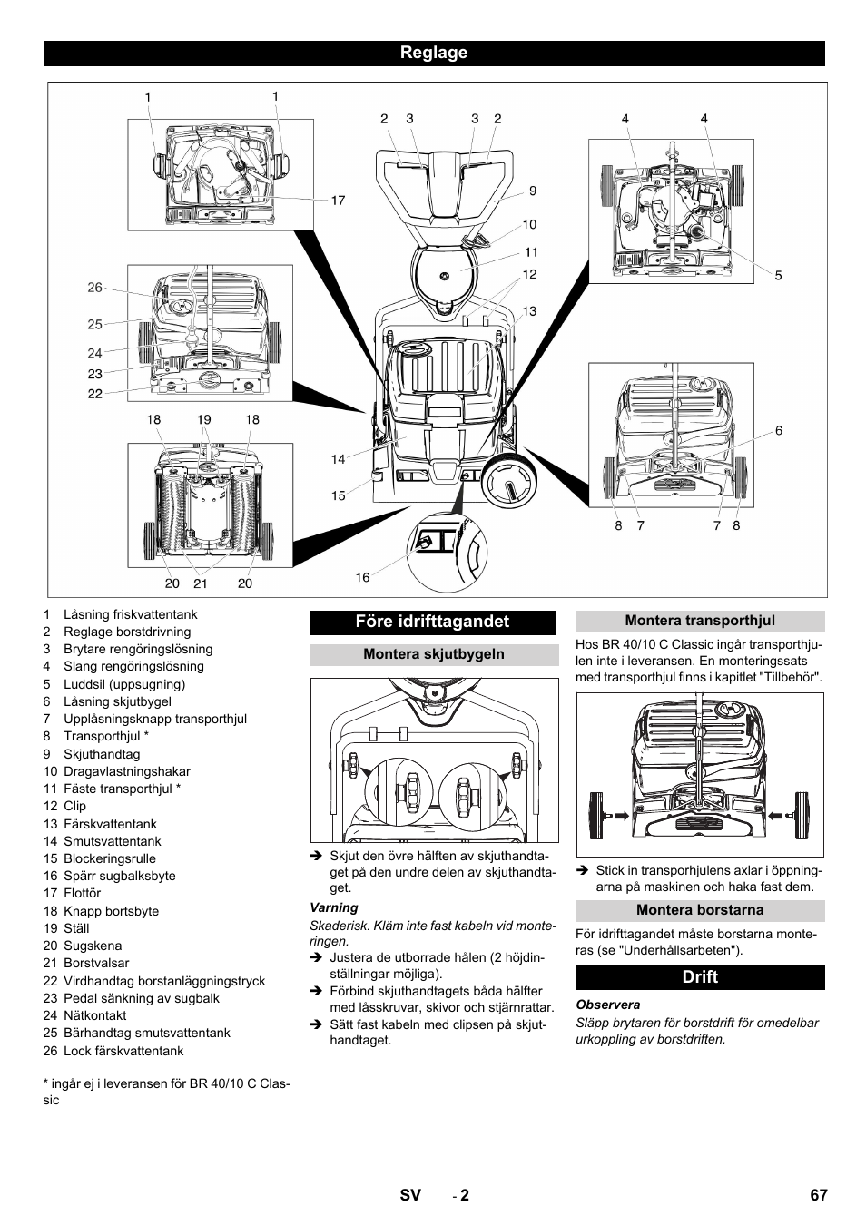 Reglage före idrifttagandet, Drift | Karcher BR 40-10C ADV User Manual | Page 67 / 196