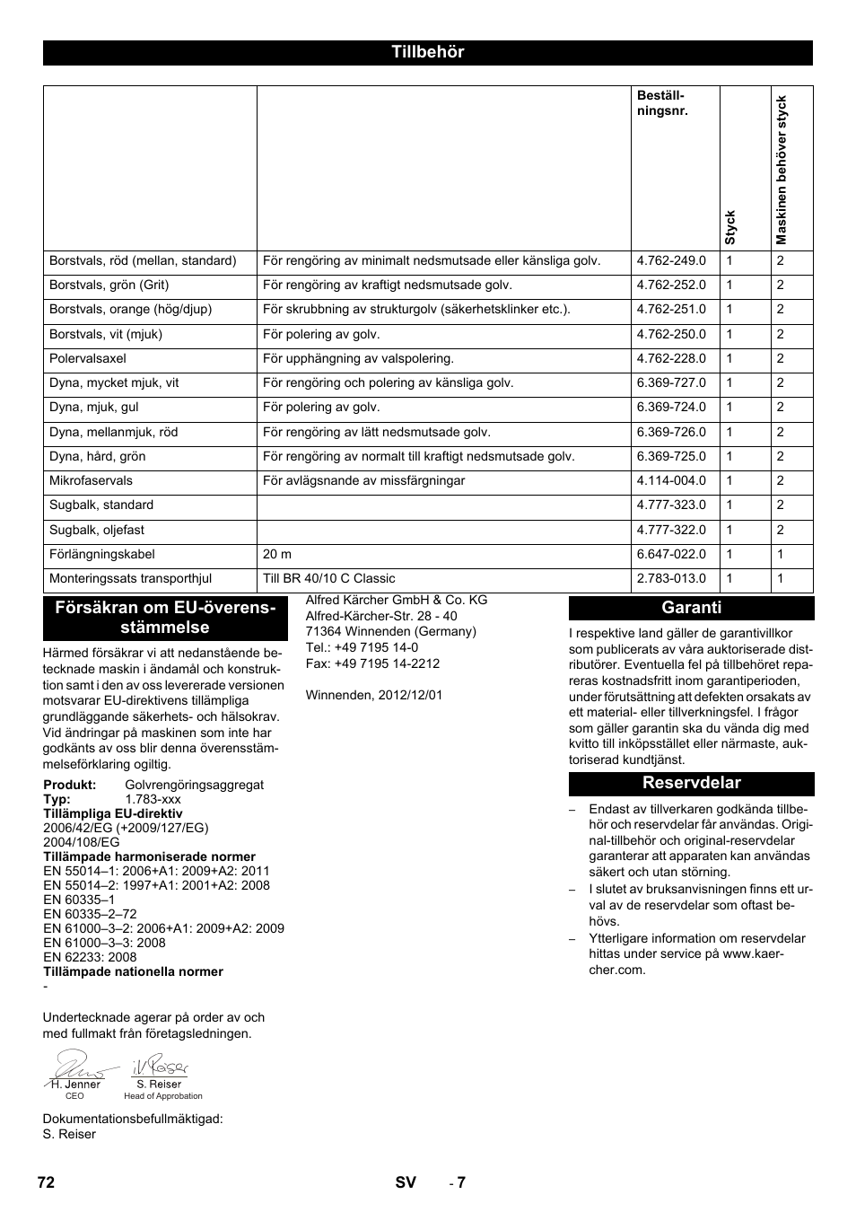 Tillbehör, Försäkran om eu-överens- stämmelse, Garanti reservdelar | Karcher BR 40-10C ADV User Manual | Page 72 / 196