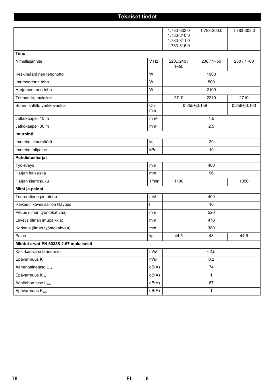 Tekniset tiedot | Karcher BR 40-10C ADV User Manual | Page 78 / 196