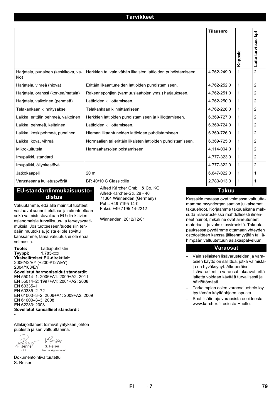 Tarvikkeet, Eu-standardinmukaisuusto- distus, Takuu varaosat | Karcher BR 40-10C ADV User Manual | Page 79 / 196