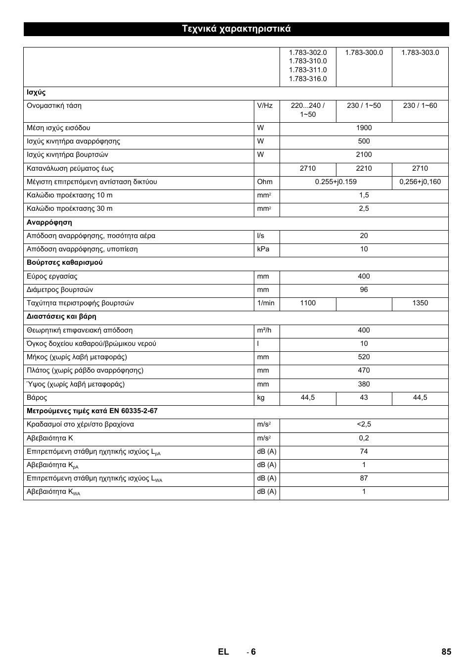 Τεχνικά χαρακτηριστικά | Karcher BR 40-10C ADV User Manual | Page 85 / 196