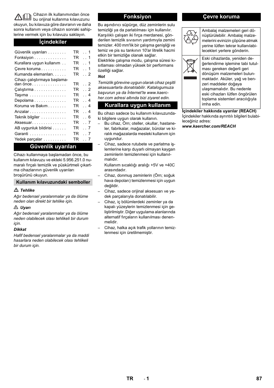 Türkçe, Içindekiler, Güvenlik uyarıları | Fonksiyon kurallara uygun kullanım çevre koruma | Karcher BR 40-10C ADV User Manual | Page 87 / 196