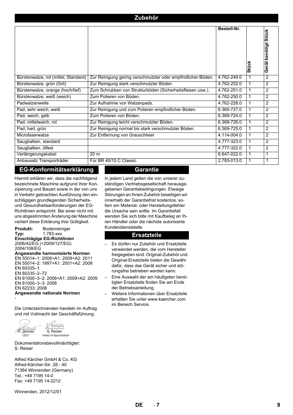 Zubehör, Eg-konformitätserklärung, Garantie ersatzteile | Karcher BR 40-10C ADV User Manual | Page 9 / 196