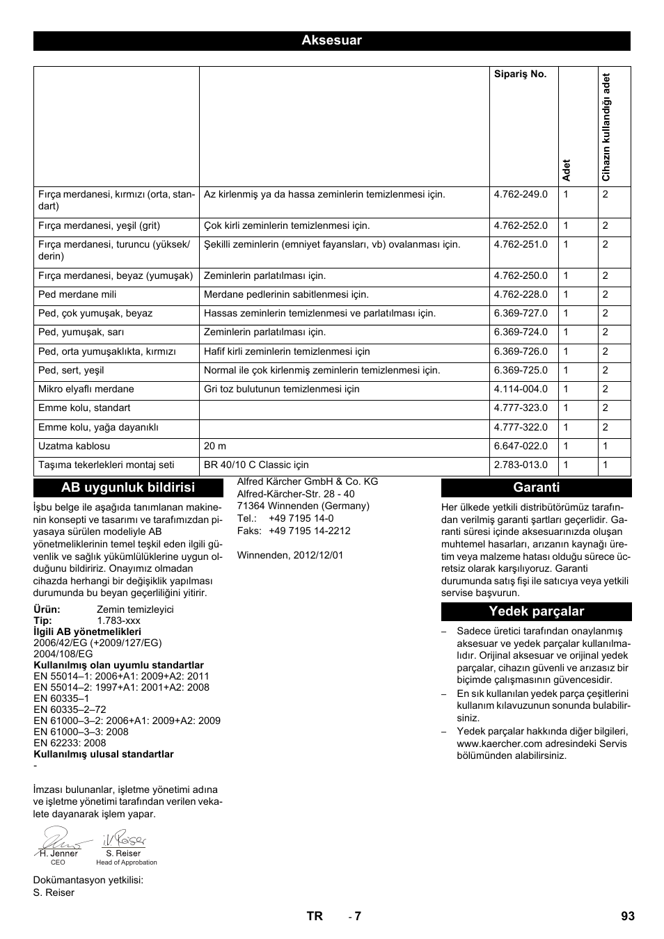 Aksesuar, Ab uygunluk bildirisi, Garanti yedek parçalar | Karcher BR 40-10C ADV User Manual | Page 93 / 196