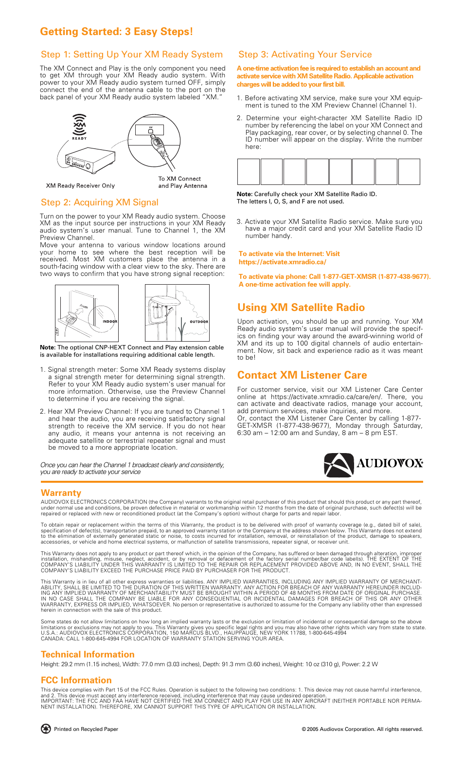 Quick start guide, Cnp-i000c, Welcome | Before you get started, What is the xm connect and play, What is xm ready? about xm satellite radio, Using xm satellite radio, Contact xm listener care, Getting started: 3 easy steps, Warranty technical information | Audiovox CNP-1000C User Manual | Page 2 / 2
