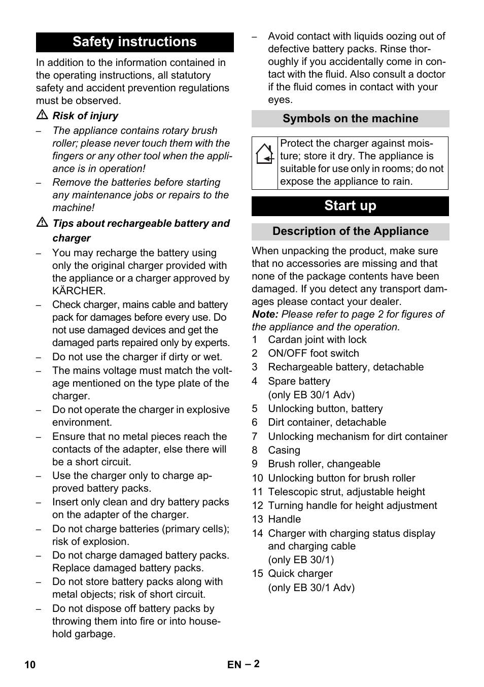 Safety instructions, Start up | Karcher EB 30-1 Li-Ion User Manual | Page 10 / 180