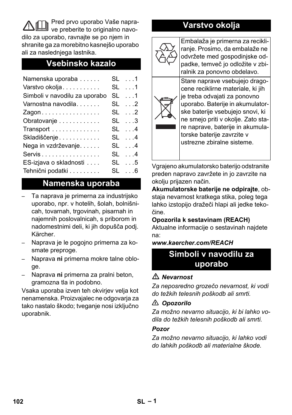 Slovenščina, Vsebinsko kazalo, Namenska uporaba varstvo okolja | Simboli v navodilu za uporabo | Karcher EB 30-1 Li-Ion User Manual | Page 102 / 180
