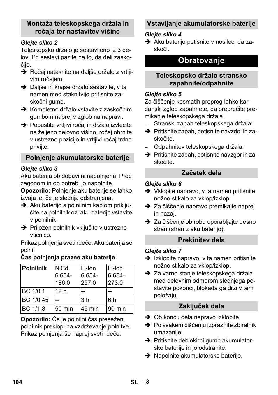 Obratovanje | Karcher EB 30-1 Li-Ion User Manual | Page 104 / 180