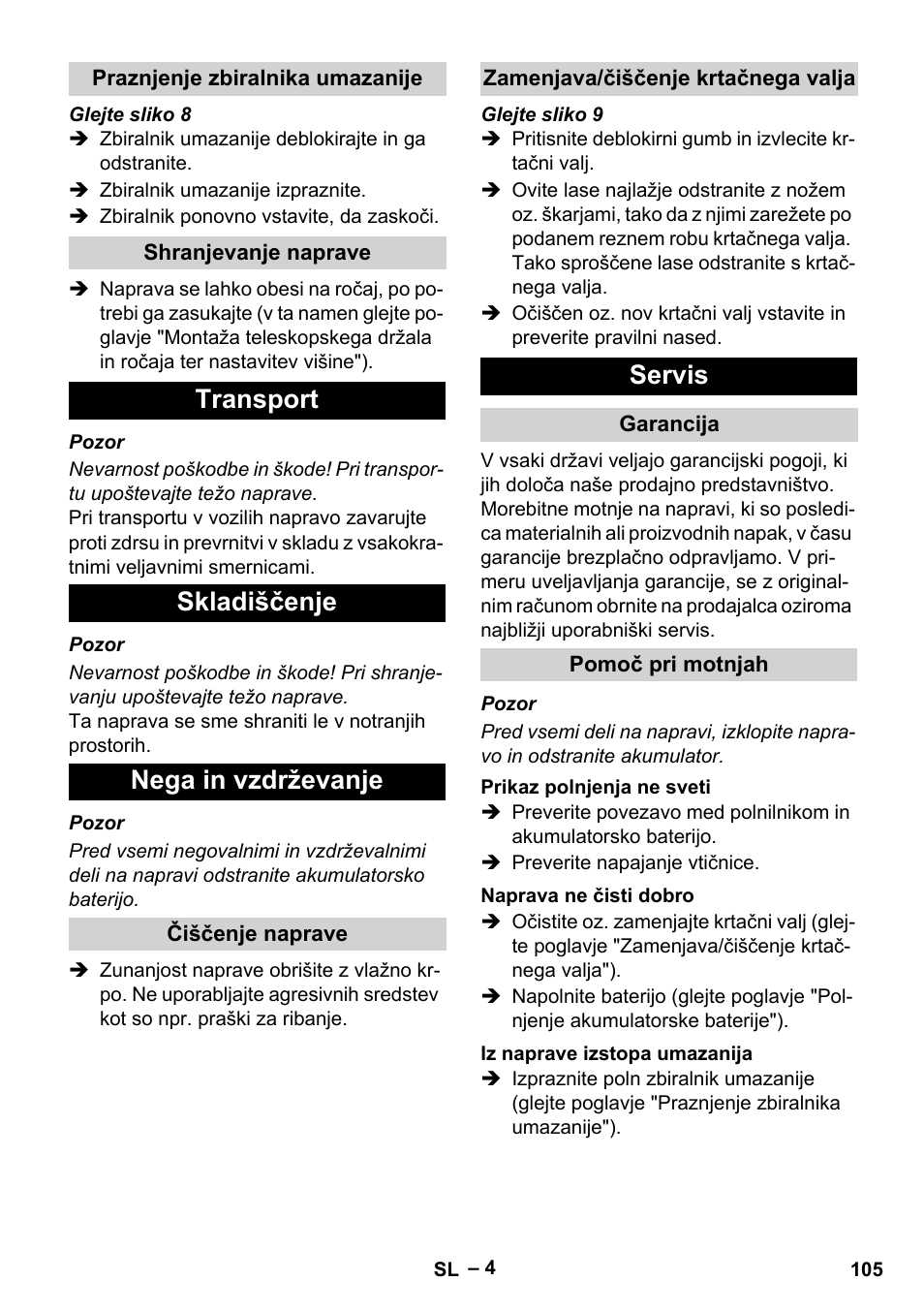 Transport skladiščenje nega in vzdrževanje, Servis | Karcher EB 30-1 Li-Ion User Manual | Page 105 / 180