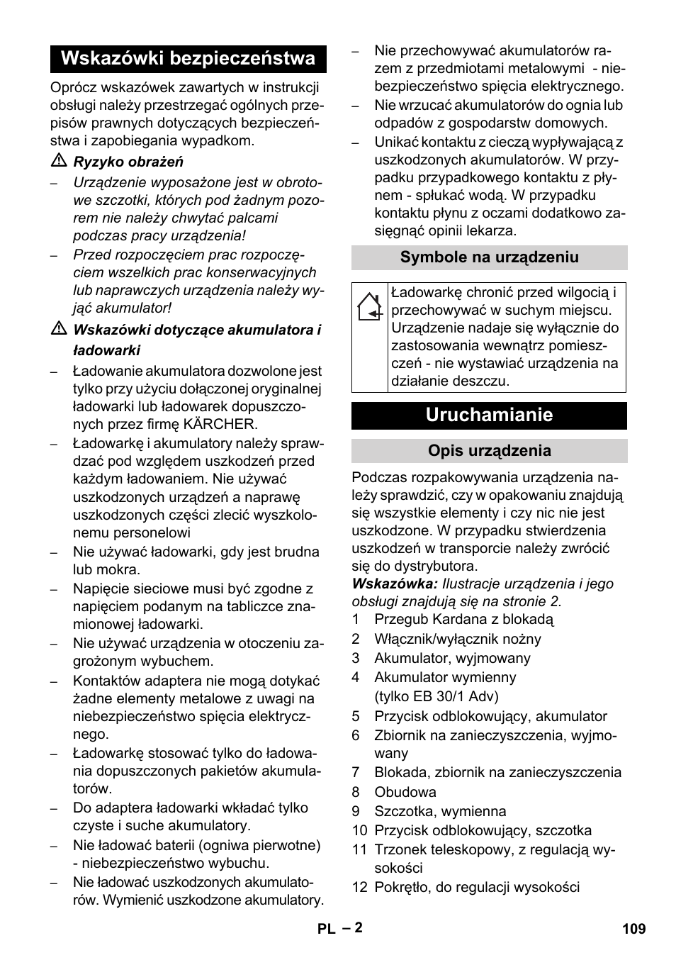 Wskazówki bezpieczeństwa, Uruchamianie | Karcher EB 30-1 Li-Ion User Manual | Page 109 / 180