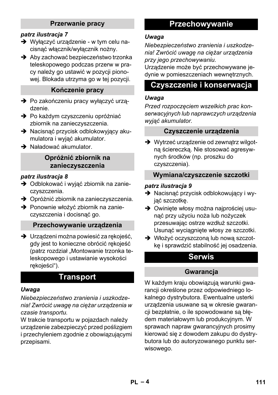 Transport przechowywanie czyszczenie i konserwacja, Serwis | Karcher EB 30-1 Li-Ion User Manual | Page 111 / 180