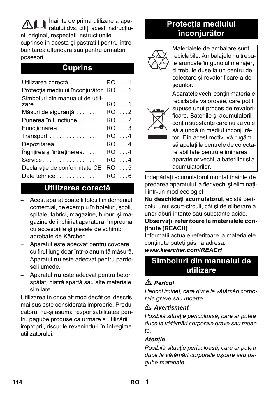 Româneşte, Cuprins, Utilizarea corectă protecţia mediului înconjurător | Simboluri din manualul de utilizare | Karcher EB 30-1 Li-Ion User Manual | Page 114 / 180