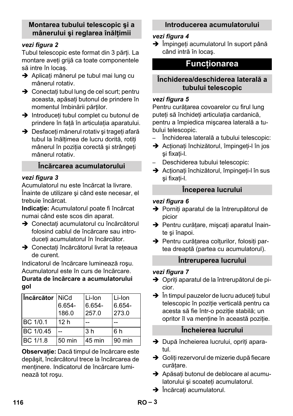 Funcţionarea | Karcher EB 30-1 Li-Ion User Manual | Page 116 / 180