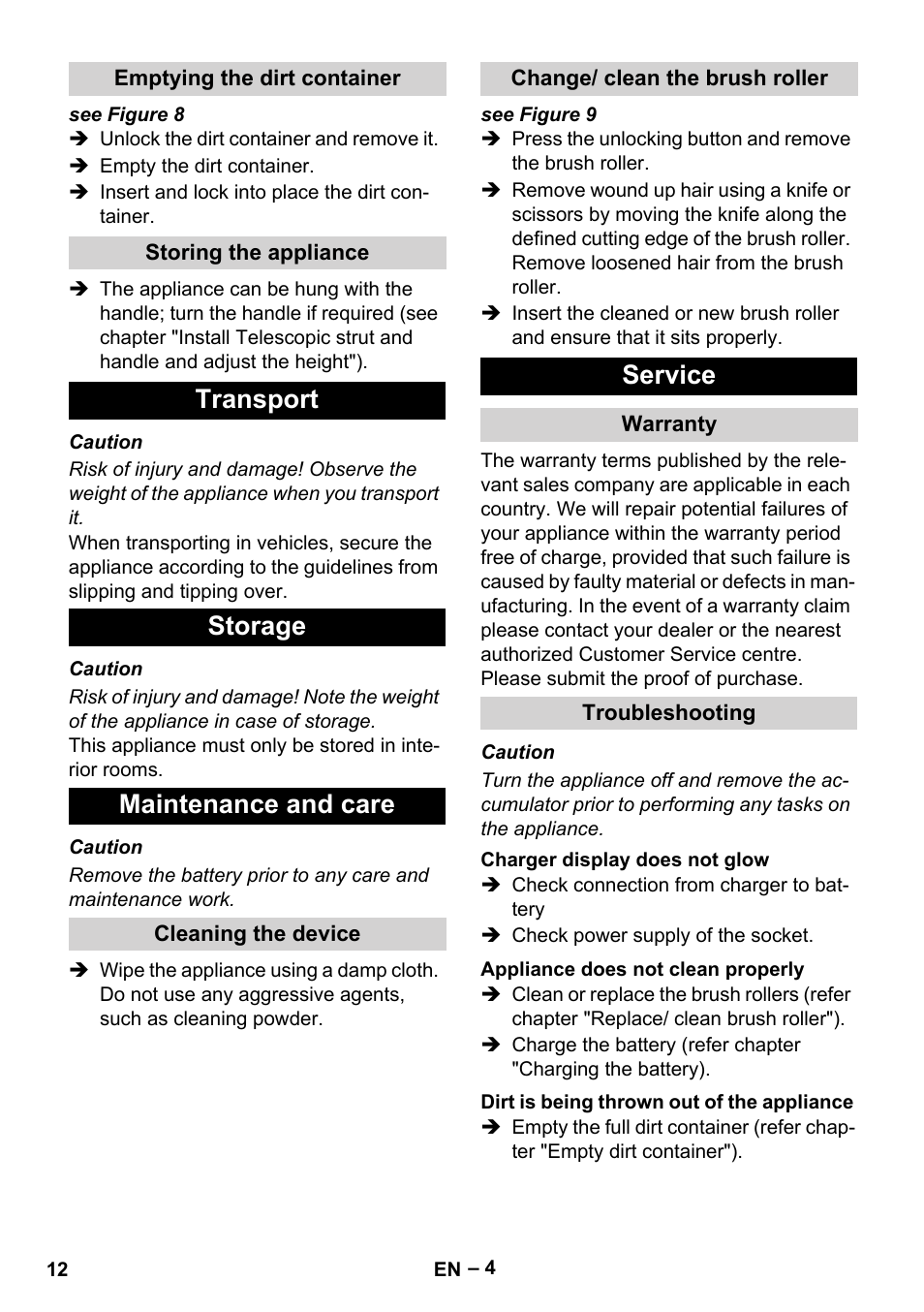 Transport storage maintenance and care, Service | Karcher EB 30-1 Li-Ion User Manual | Page 12 / 180