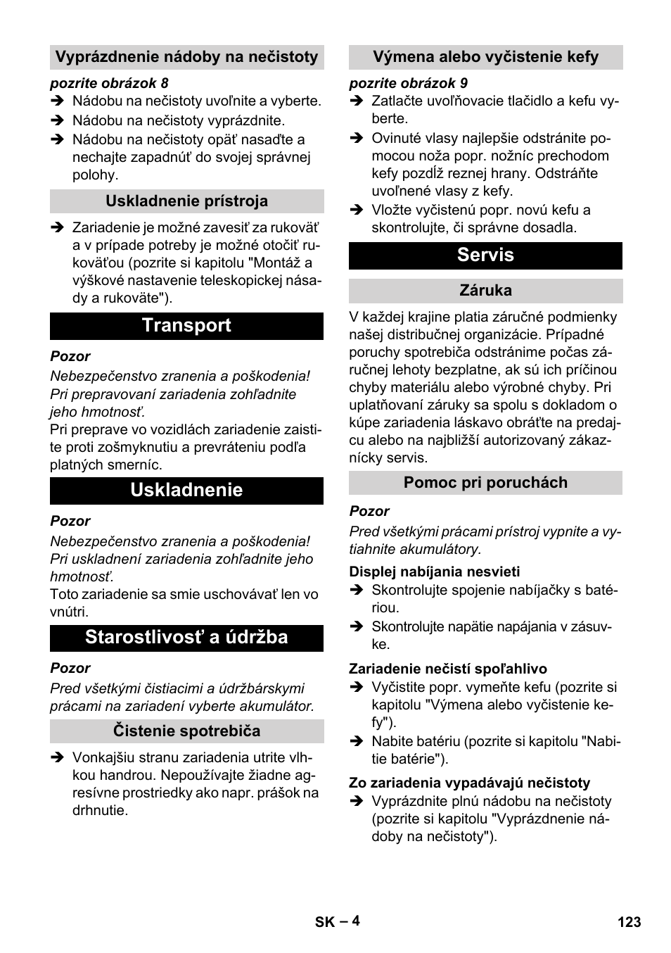 Transport uskladnenie starostlivosť a údržba, Servis | Karcher EB 30-1 Li-Ion User Manual | Page 123 / 180