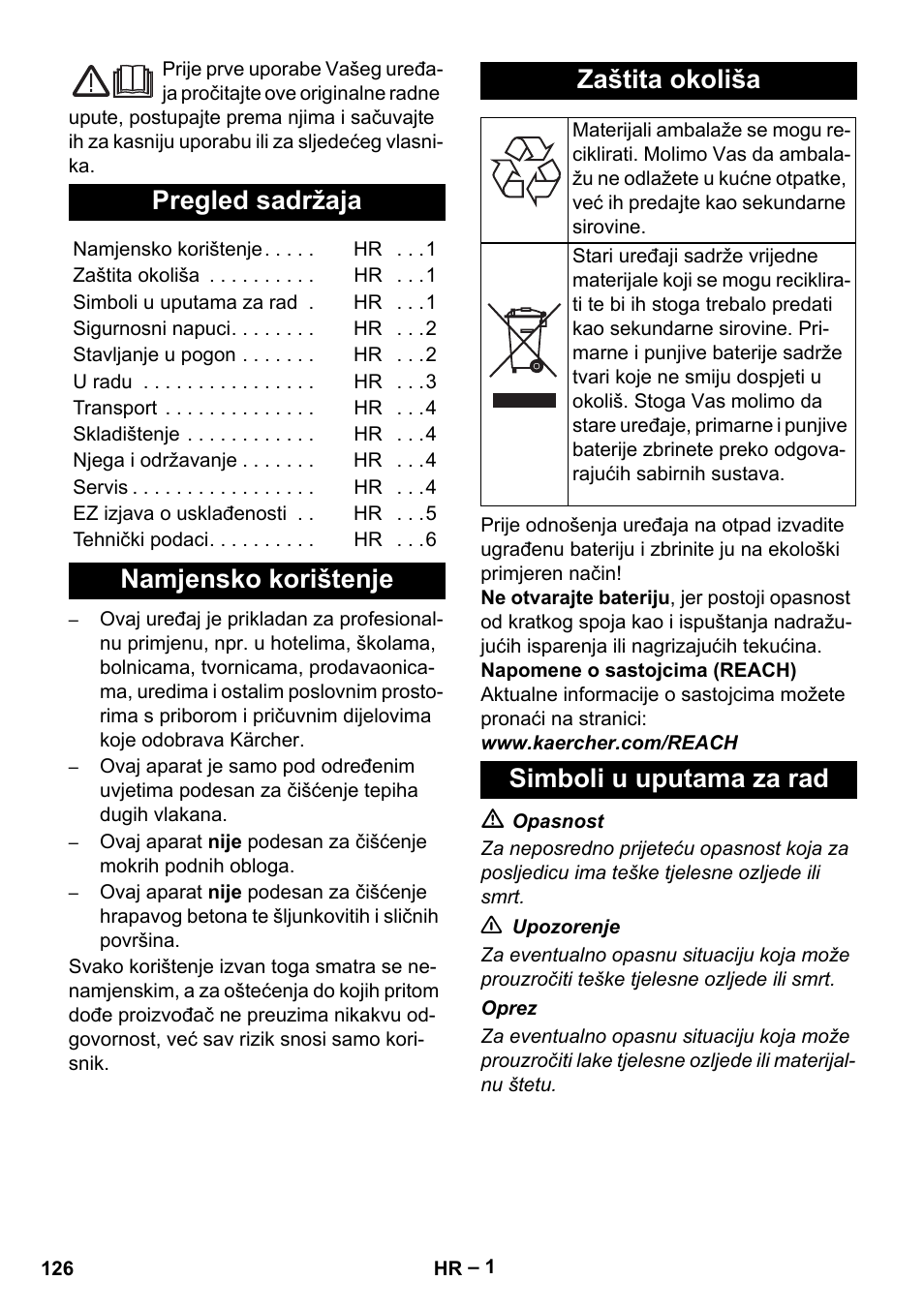 Hrvatski, Pregled sadržaja, Namjensko korištenje zaštita okoliša | Simboli u uputama za rad | Karcher EB 30-1 Li-Ion User Manual | Page 126 / 180