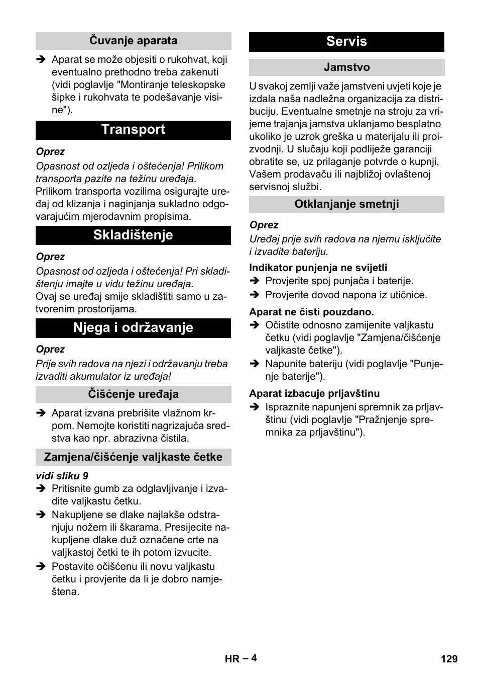 Transport skladištenje njega i održavanje, Servis | Karcher EB 30-1 Li-Ion User Manual | Page 129 / 180