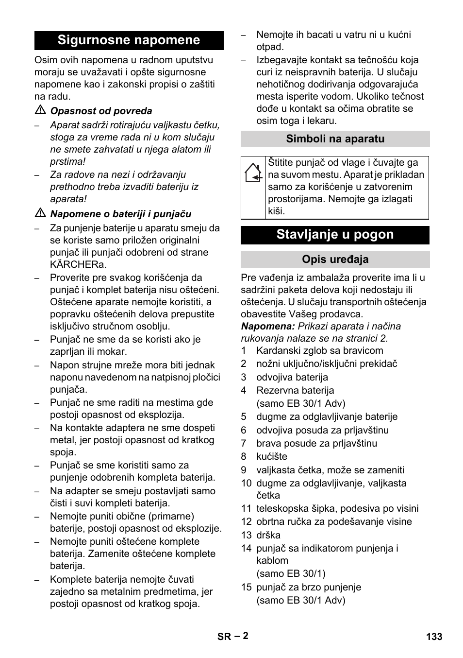 Sigurnosne napomene, Stavljanje u pogon | Karcher EB 30-1 Li-Ion User Manual | Page 133 / 180