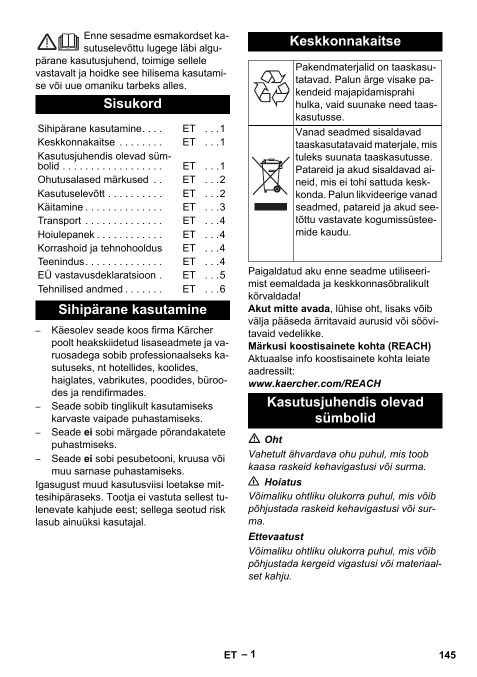 Eesti, Sisukord, Sihipärane kasutamine keskkonnakaitse | Kasutusjuhendis olevad sümbolid | Karcher EB 30-1 Li-Ion User Manual | Page 145 / 180