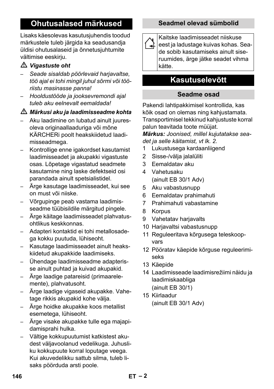 Ohutusalased märkused, Kasutuselevõtt | Karcher EB 30-1 Li-Ion User Manual | Page 146 / 180