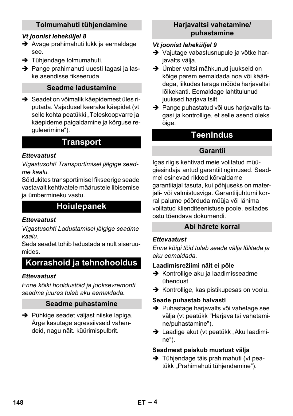 Transport hoiulepanek korrashoid ja tehnohooldus, Teenindus | Karcher EB 30-1 Li-Ion User Manual | Page 148 / 180
