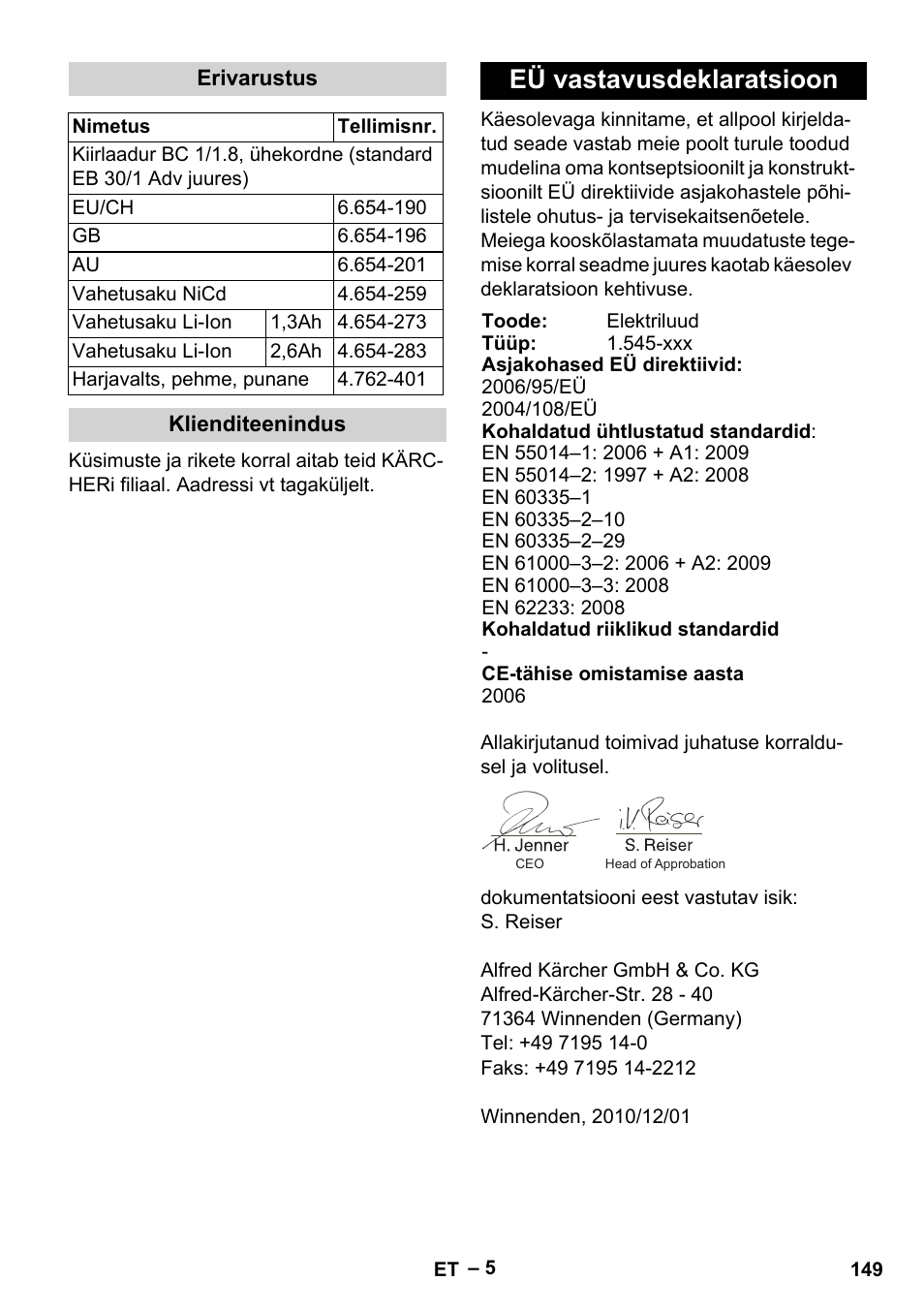 Eü vastavusdeklaratsioon | Karcher EB 30-1 Li-Ion User Manual | Page 149 / 180