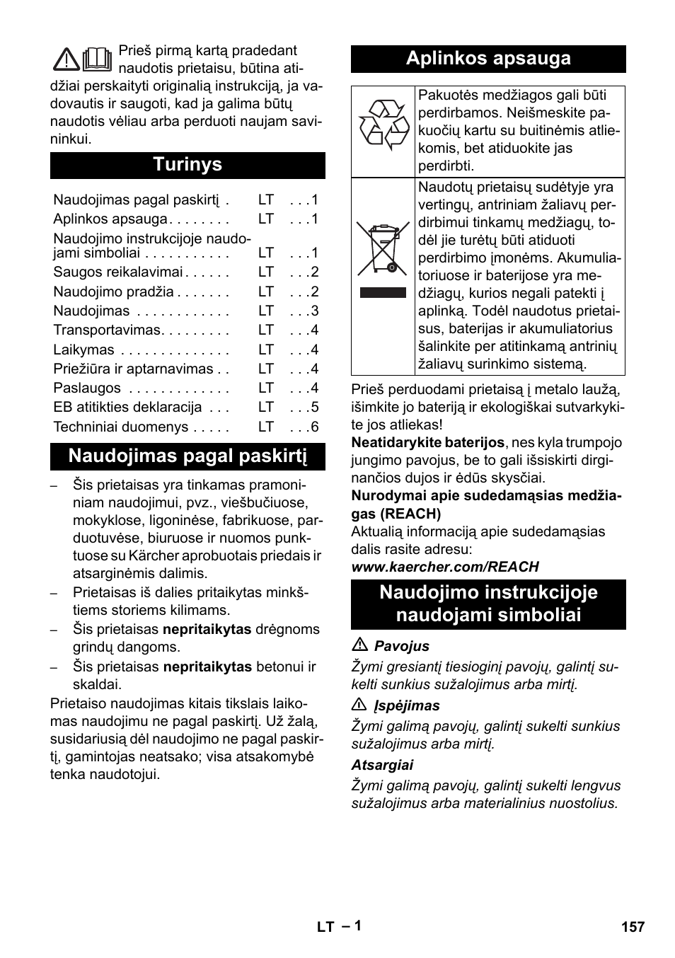 Lietuviškai, Turinys, Naudojimas pagal paskirtį aplinkos apsauga | Naudojimo instrukcijoje naudojami simboliai | Karcher EB 30-1 Li-Ion User Manual | Page 157 / 180