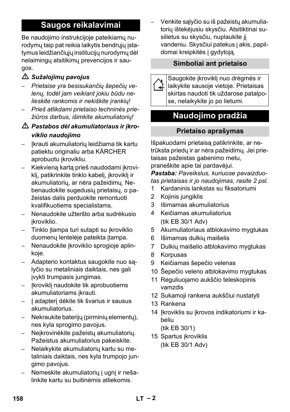 Saugos reikalavimai, Naudojimo pradžia | Karcher EB 30-1 Li-Ion User Manual | Page 158 / 180