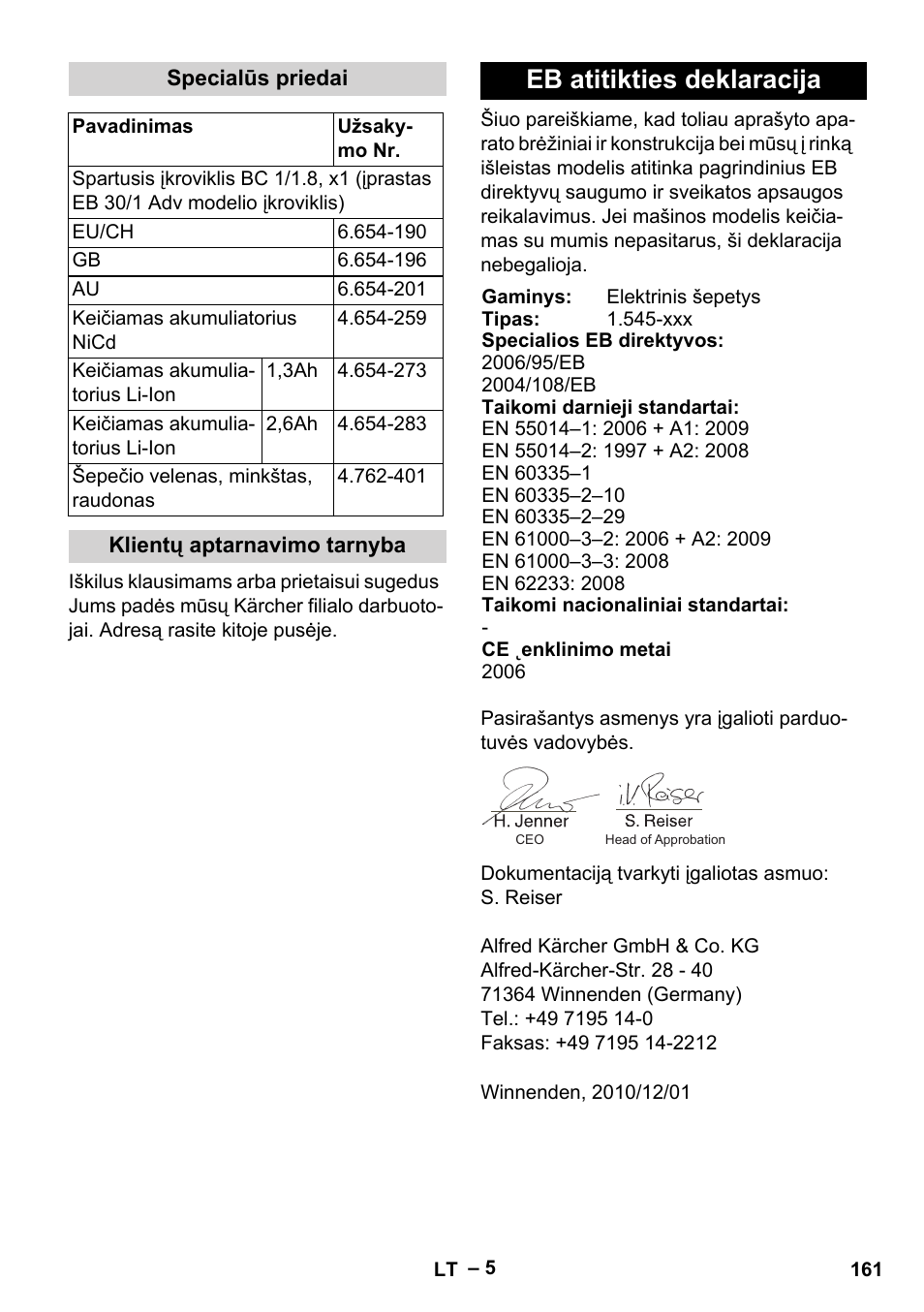 Eb atitikties deklaracija | Karcher EB 30-1 Li-Ion User Manual | Page 161 / 180