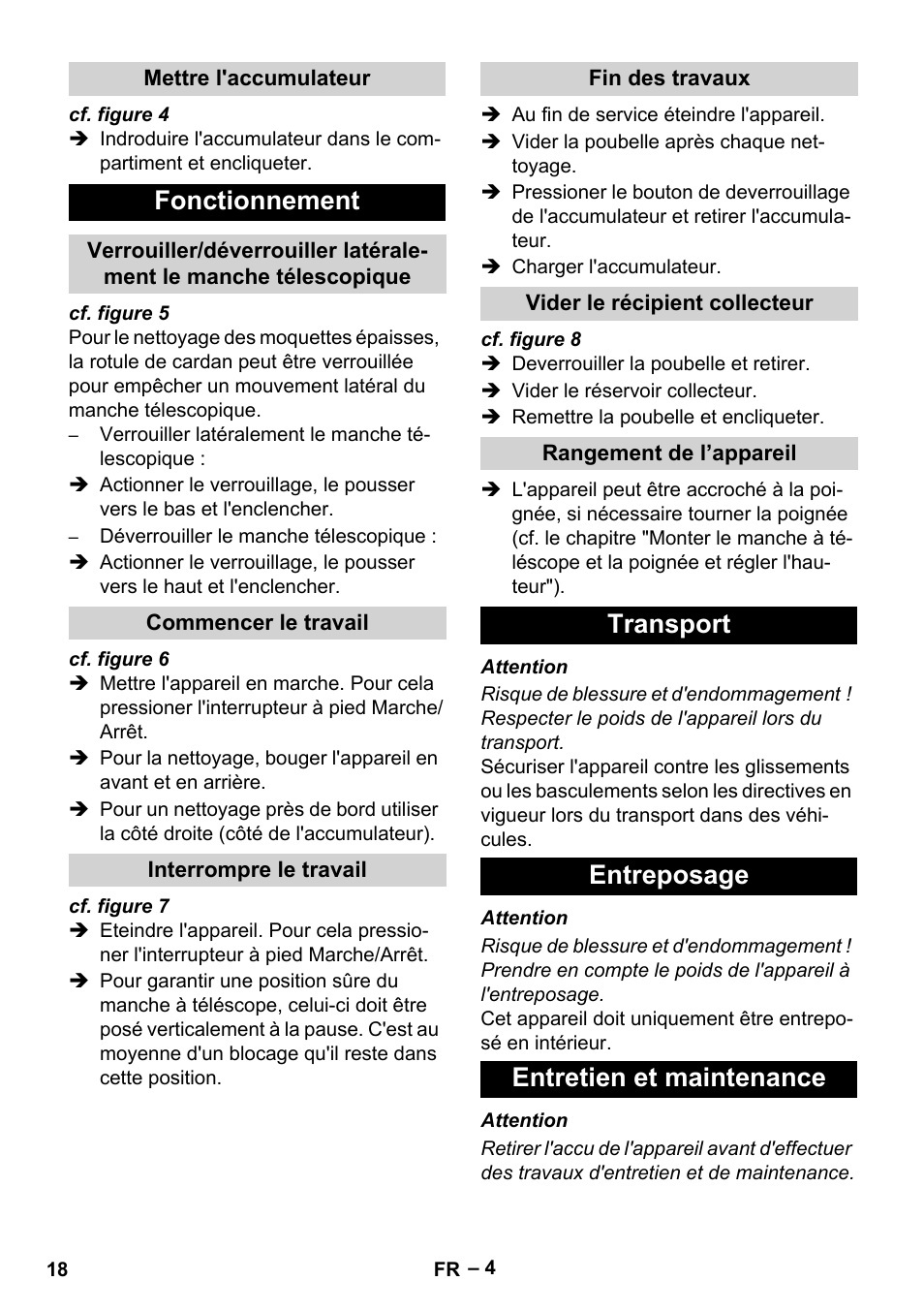 Fonctionnement, Transport entreposage entretien et maintenance | Karcher EB 30-1 Li-Ion User Manual | Page 18 / 180