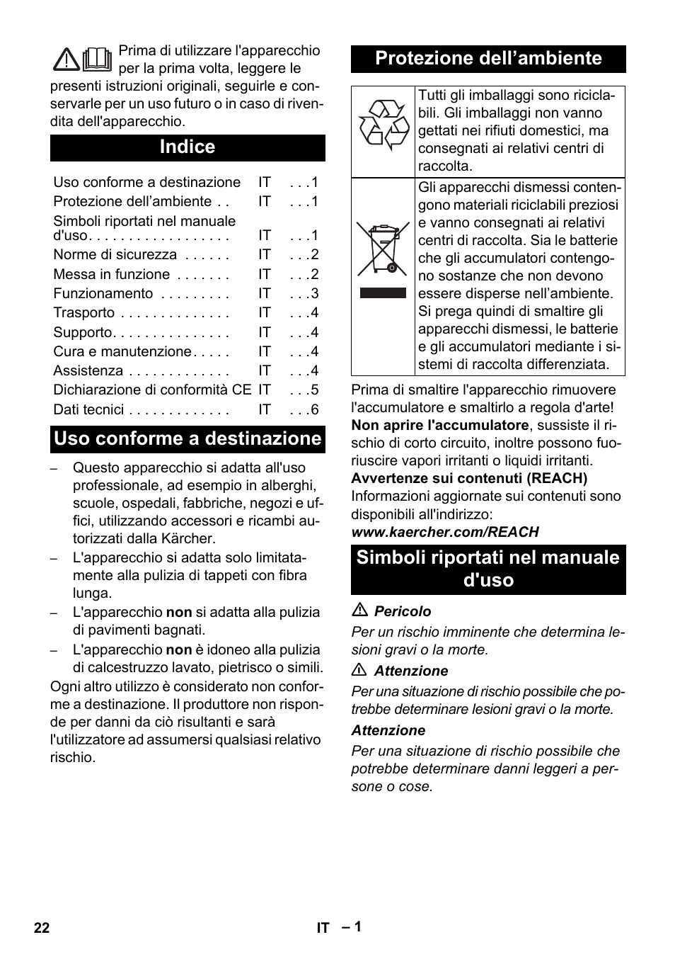 Italiano, Indice, Simboli riportati nel manuale d'uso | Karcher EB 30-1 Li-Ion User Manual | Page 22 / 180