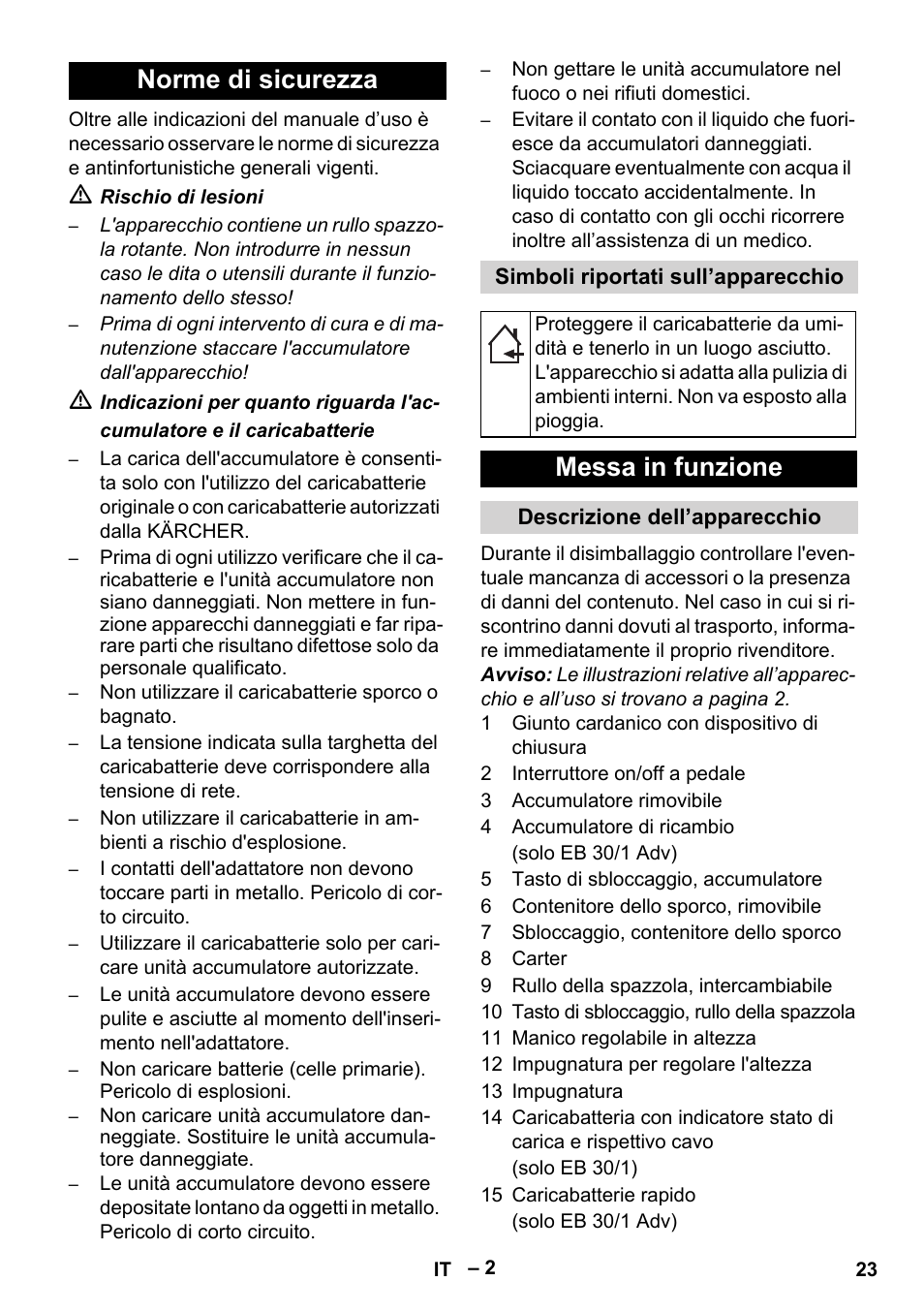 Norme di sicurezza, Messa in funzione | Karcher EB 30-1 Li-Ion User Manual | Page 23 / 180