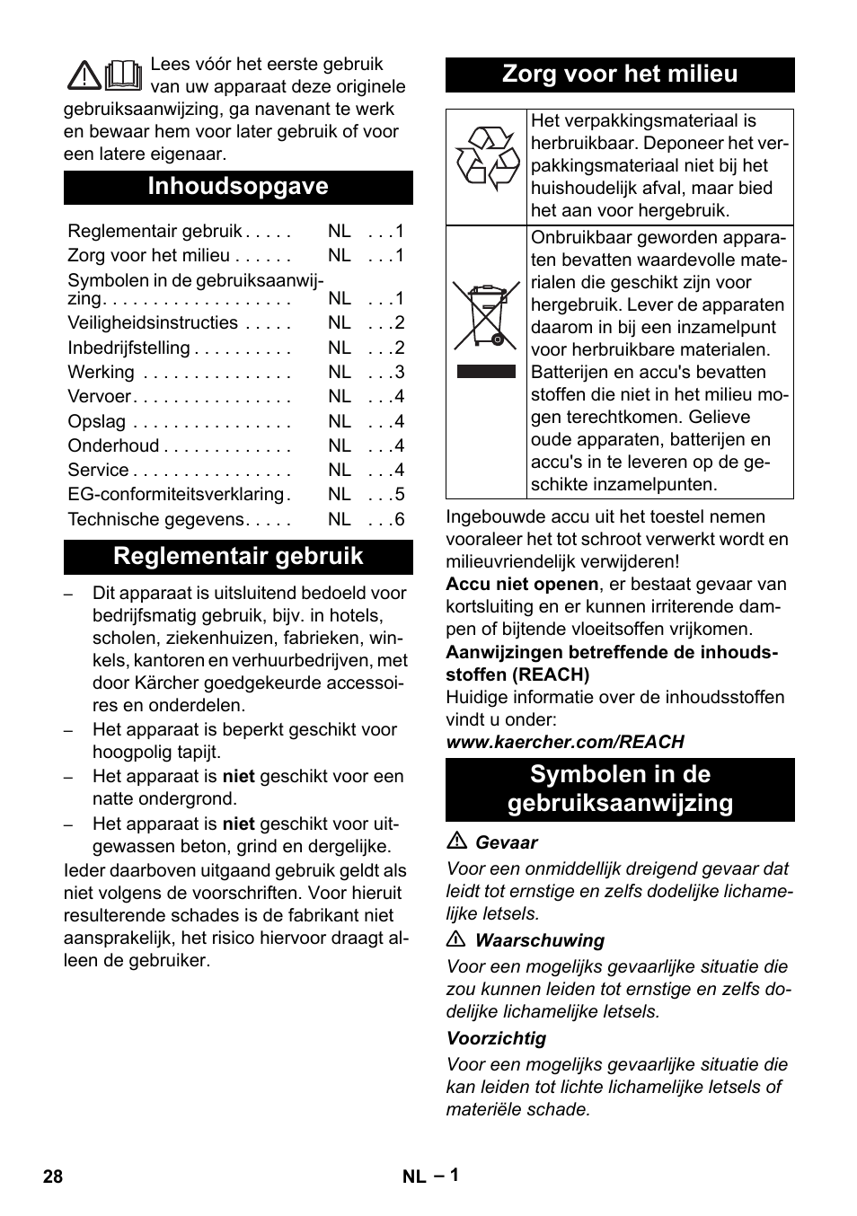 Nederlands, Inhoudsopgave, Reglementair gebruik zorg voor het milieu | Symbolen in de gebruiksaanwijzing | Karcher EB 30-1 Li-Ion User Manual | Page 28 / 180